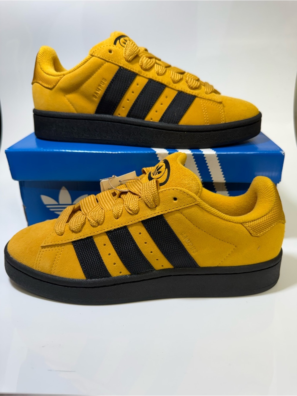 Adidas Campus Suede Sneakers in Mustard Yellow with Black Stripes